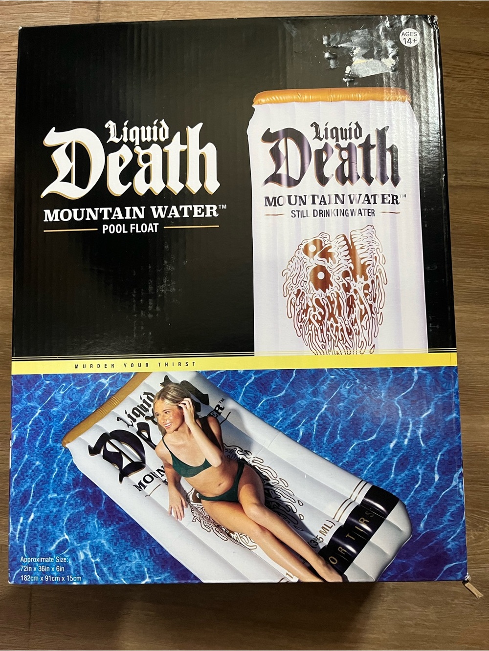 Liquid Death Mountain Water Pool Float - White with Black & Gold Accents New